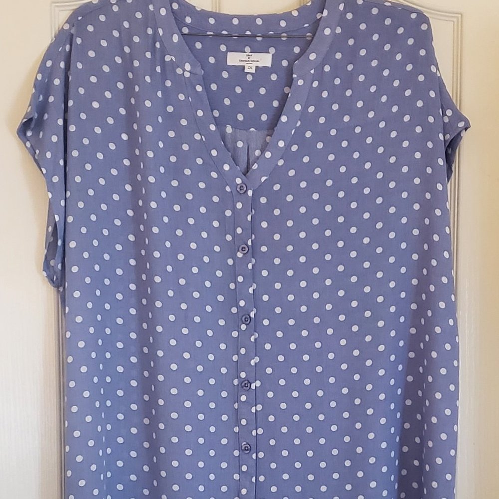 GRAY BY GRAYSON SOCIAL (2X) Shirt PERIWINKLE WHITE Polka Dot Rayon Button Up Top